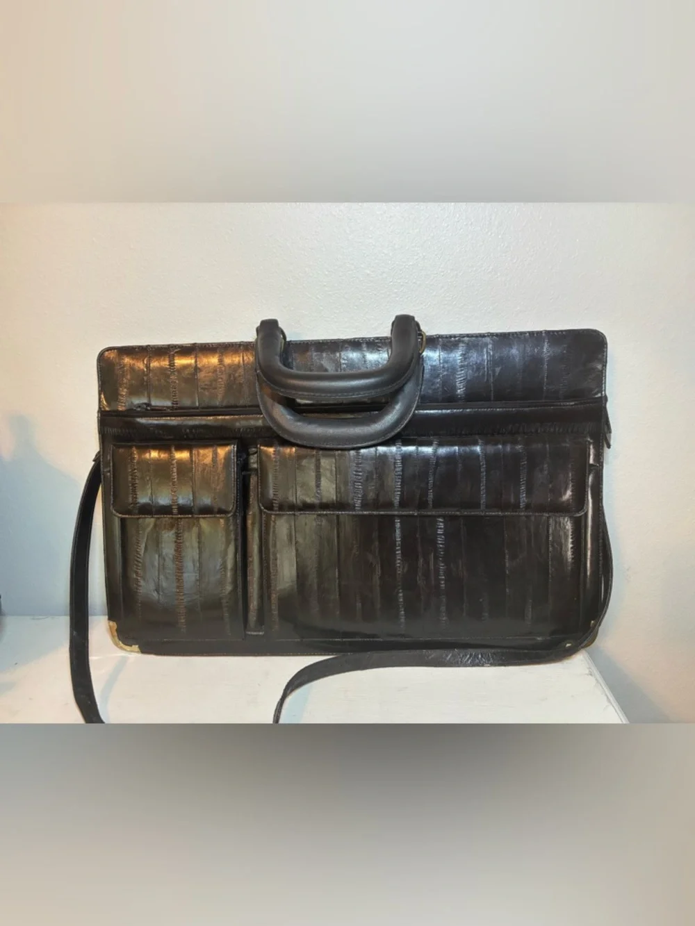 Vintage Black Eel Skin Briefcase with Dual Top Handles